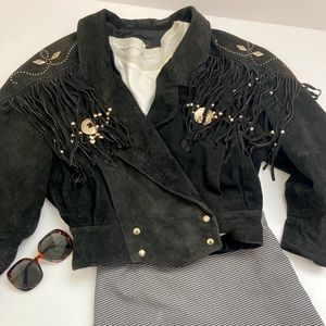 VINTAGE 1970’s Black Suede jacket with fringe and conchos